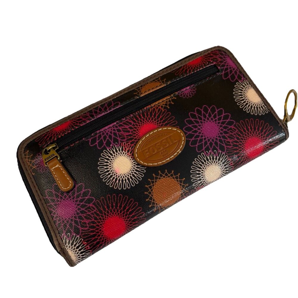 Fossil Spirograph Keyper Zip Around Wallet Multi Color Coated Canvas